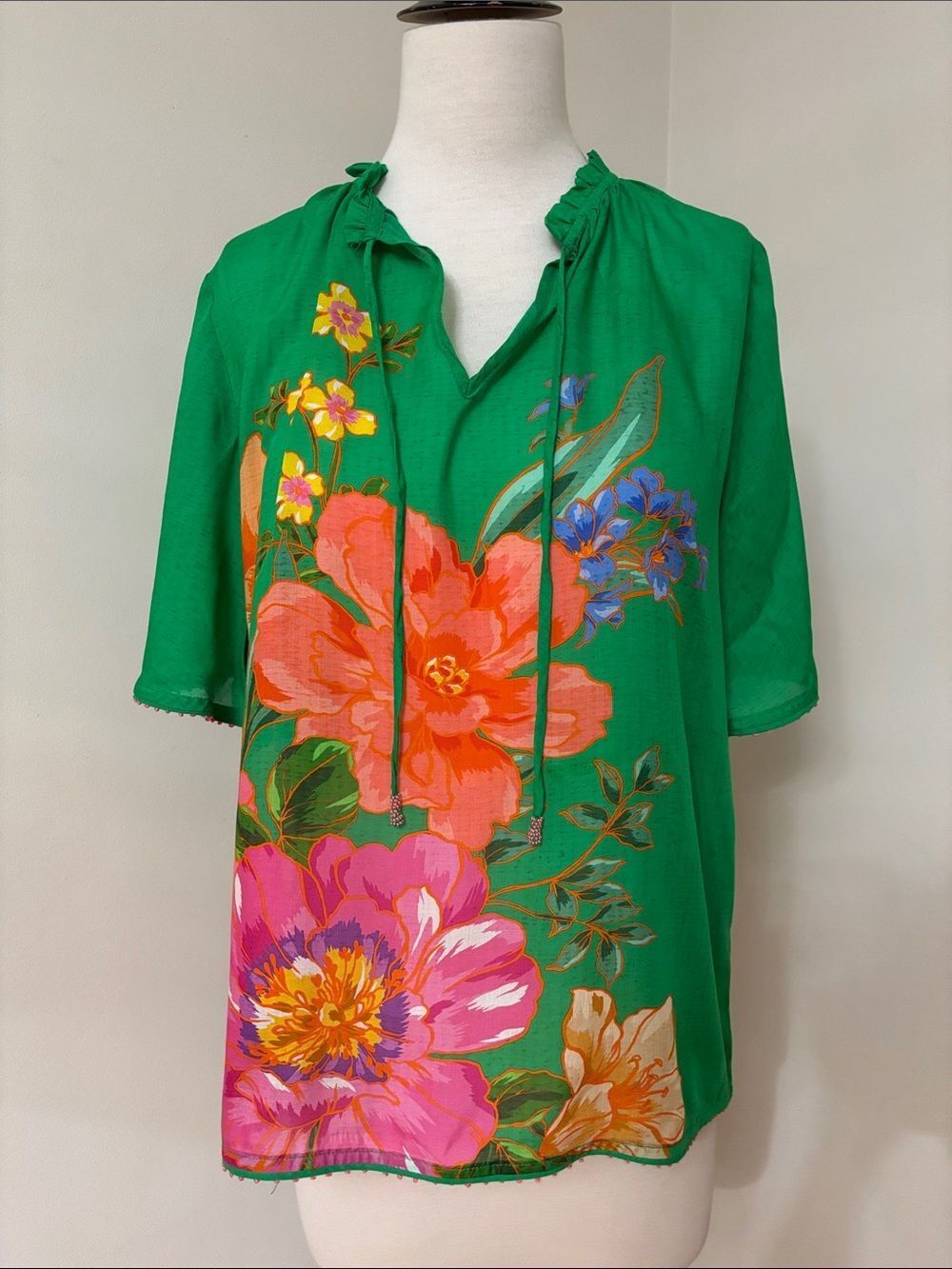 Johnny Was Green Floral Flutter Sleeve Blouse with Pink & Orange Blooms S - Picture 5 of 10